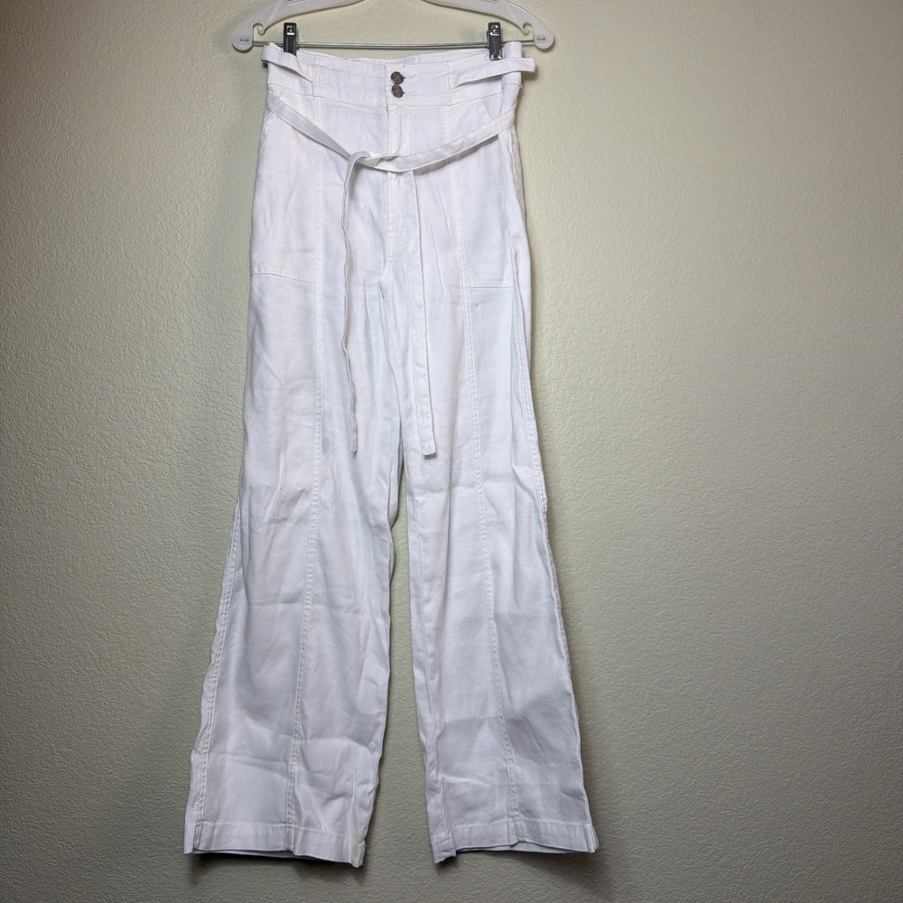Hudson Women White Linen Pants 26 Wide Leg High Rise Belted Beach Summer Trouser